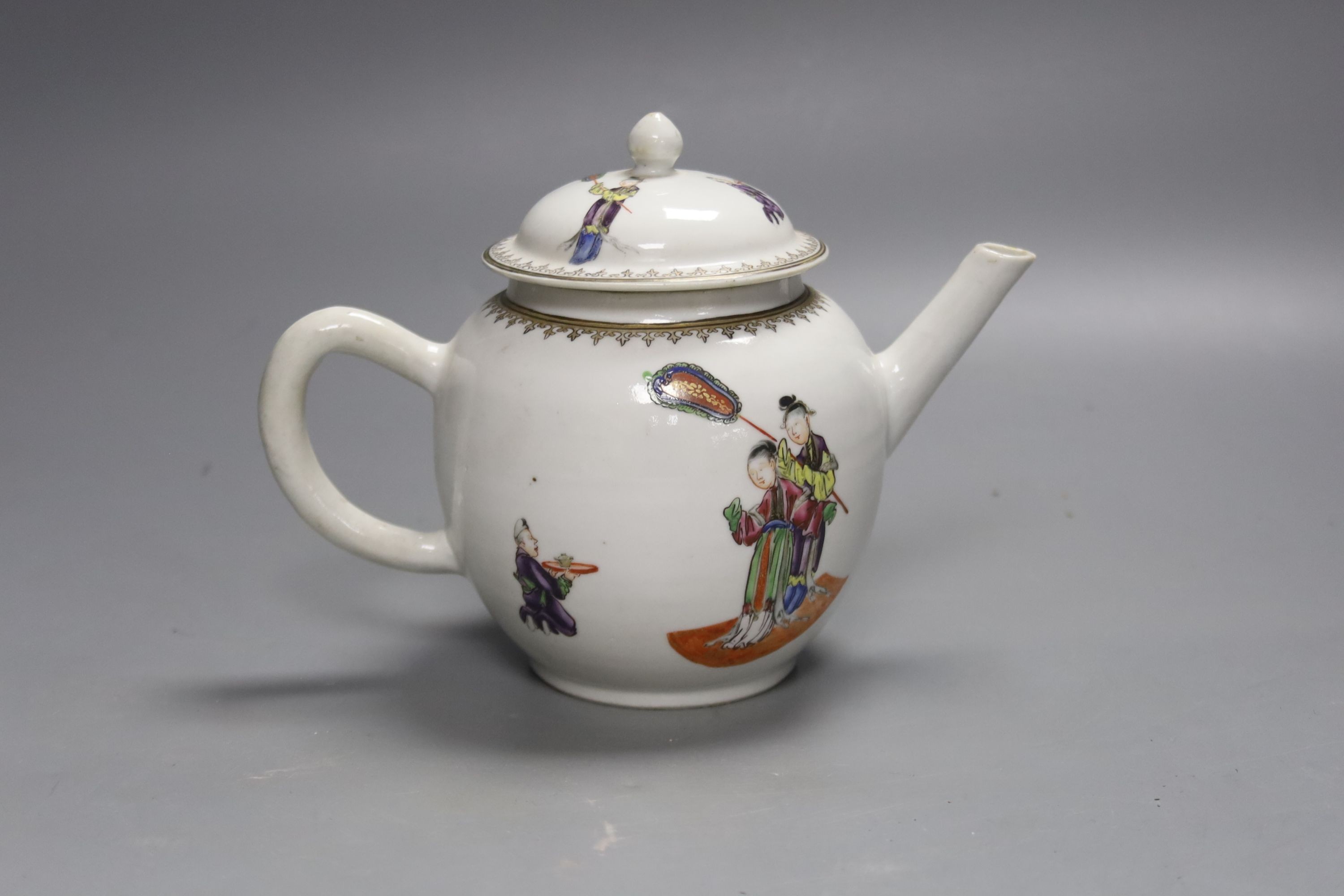 A Chinese export documentary famille rose spherical teapot and cover, the underside monogrammed E.R., height 14cm (faults)